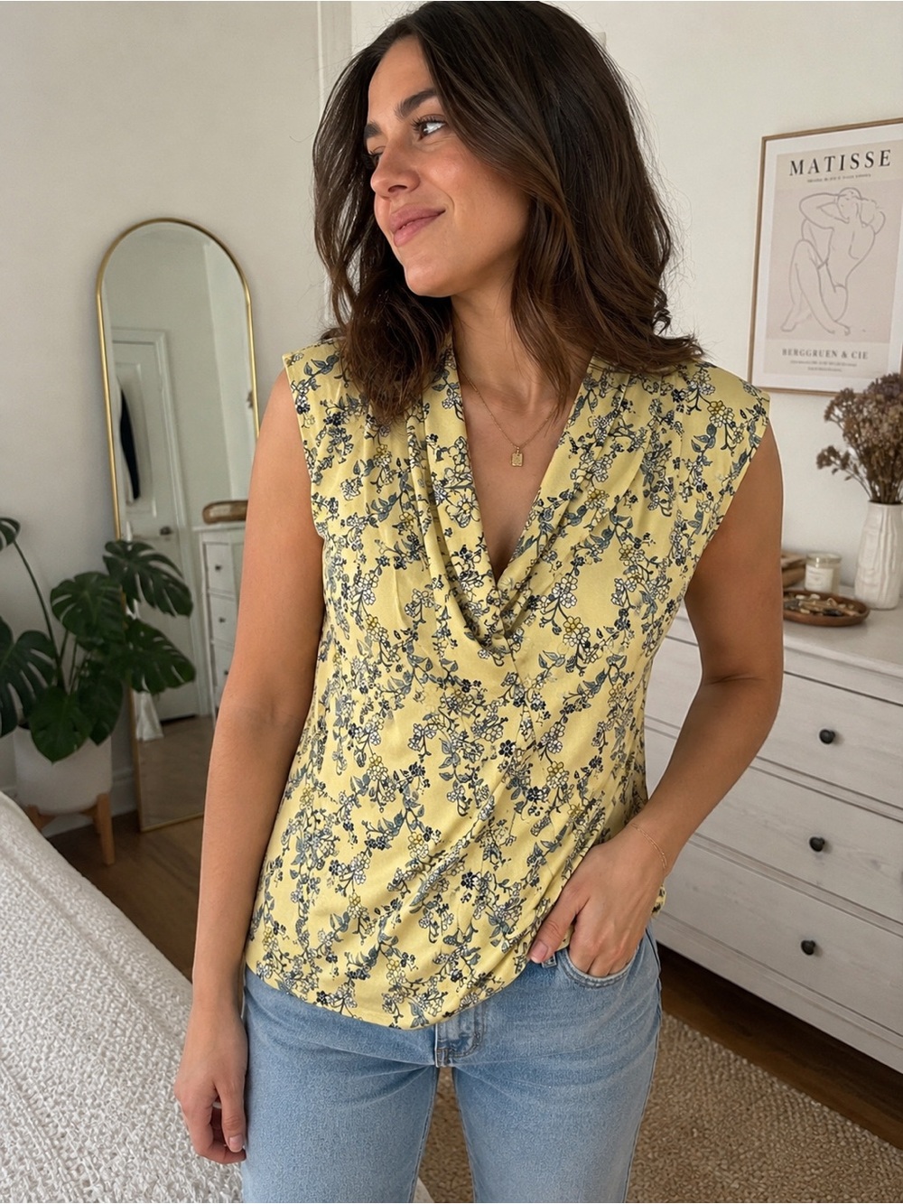 Charter Club Yellow Sleeveless V-Neck Floral Camisole